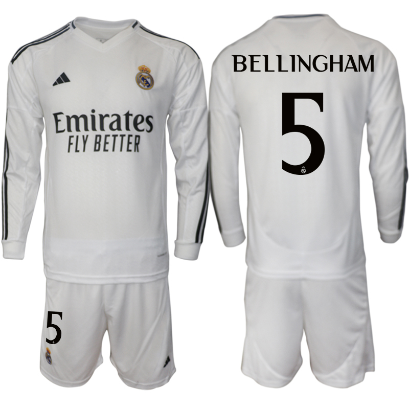 Men 2024-2025 Club Real Madrid home Long Sleeves White #5 Soccer Jersey->real madrid jersey->Soccer Club Jersey